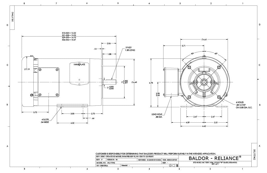 Baldor CEM3545 Motor - 1 HP, 3450 RPM, 3-Phase, TEFC, 60 Hz, 56C Frame