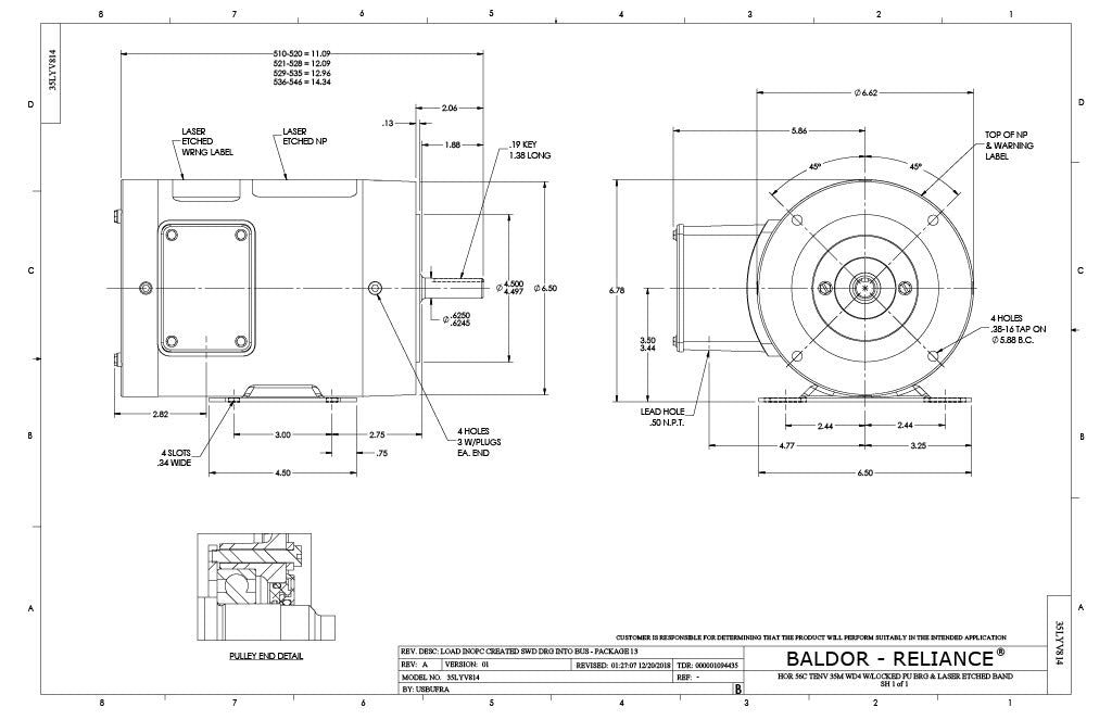 Baldor CSSWDM3457 Motor - 0.33 HP, 3450 RPM, 3-Phase, TENV, 60 Hz, 56C Frame, Stainless Steel