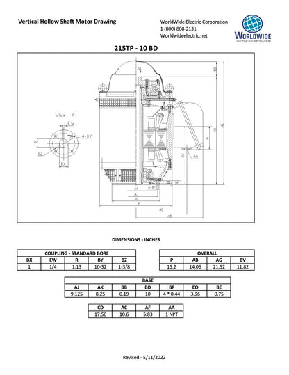 Worldwide WPEVHS Vertical Hollow Shaft Motor - 10 HP, 230/460V, 1800 RPM, WPI Enclosure, Premium Efficiency | Model WPEVHS10-18-215TP-10