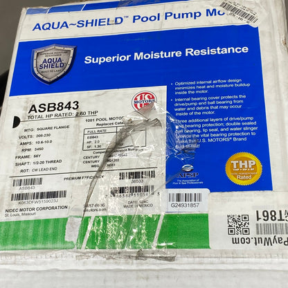 US MOTORS Square Flange Pool Pump Motor 5/8" Diameter Shaft Black ASB843