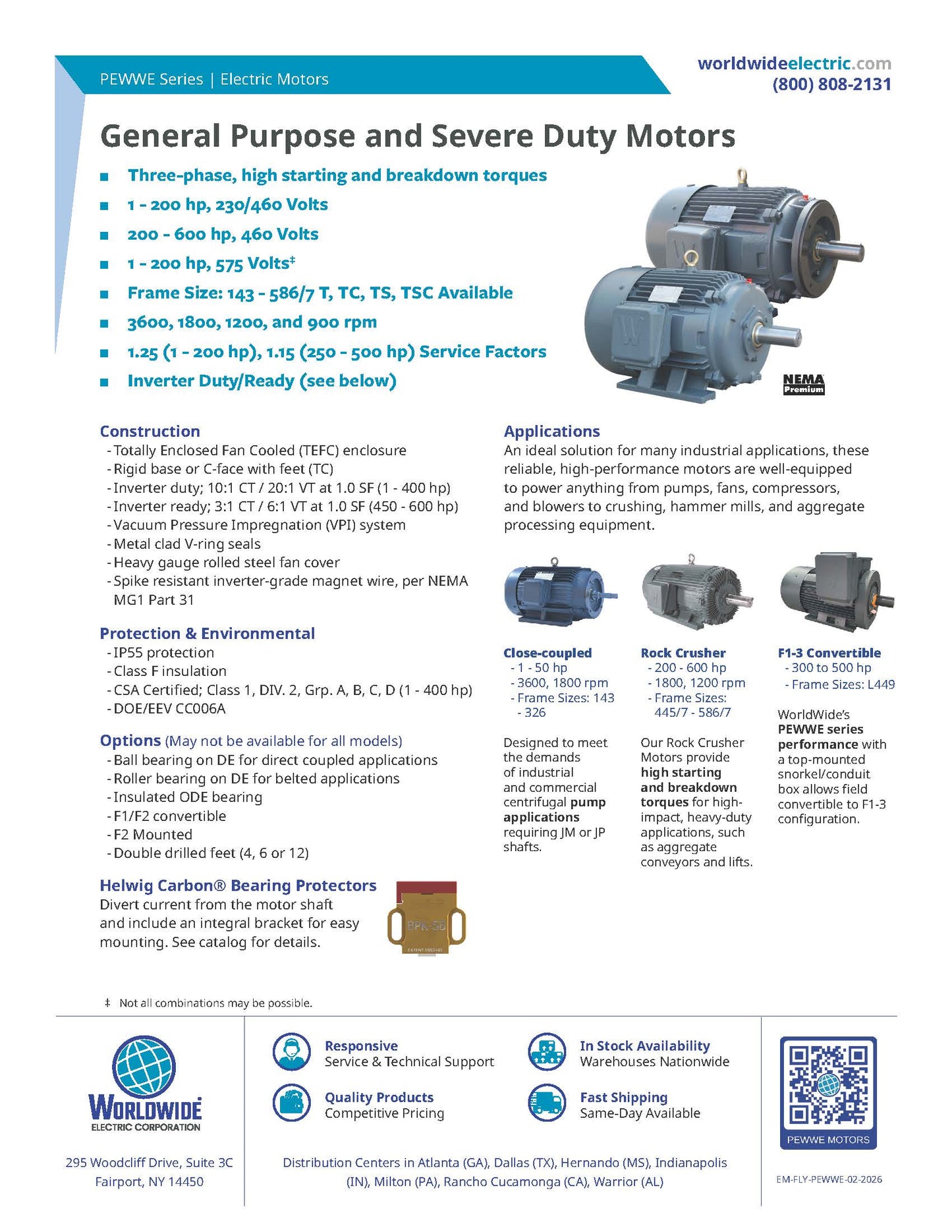 Worldwide PE Premium Efficiency Motor - 100 HP, 1800 RPM, 3-Phase, TEFC, 208-230/460V, 405T Frame