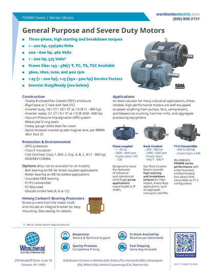 Worldwide PE Premium Efficiency Motor - 100 HP, 1800 RPM, 3-Phase, TEFC, 208-230/460V, 405T Frame