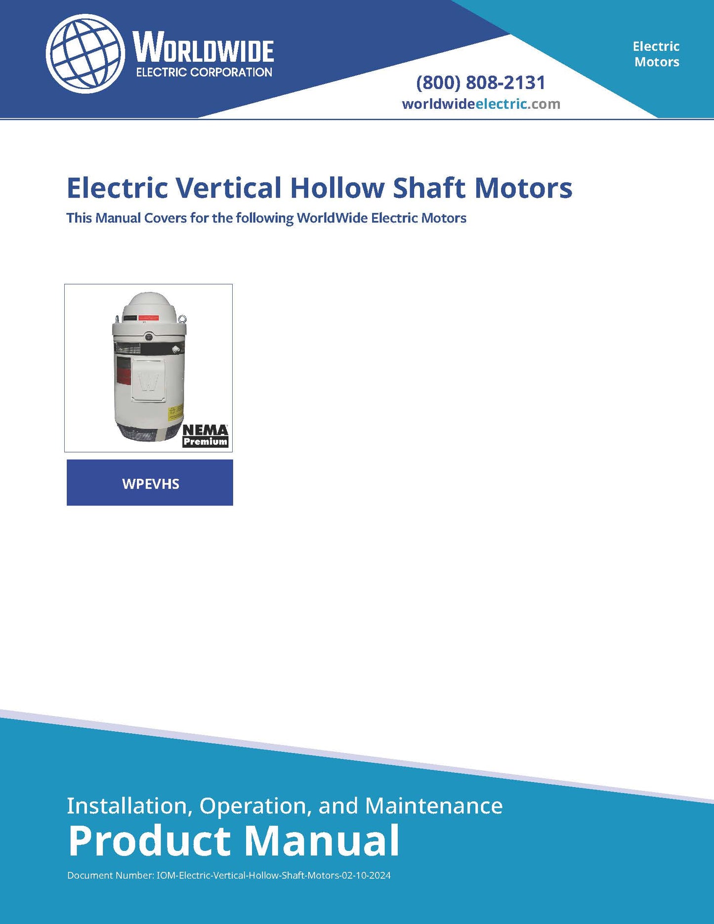Worldwide WPEVHS Vertical Hollow Shaft Motor - 400 HP, 460V, 1800 RPM, WPI Enclosure, Premium Efficiency (Double Thrust Bearing) | 5008P Frame